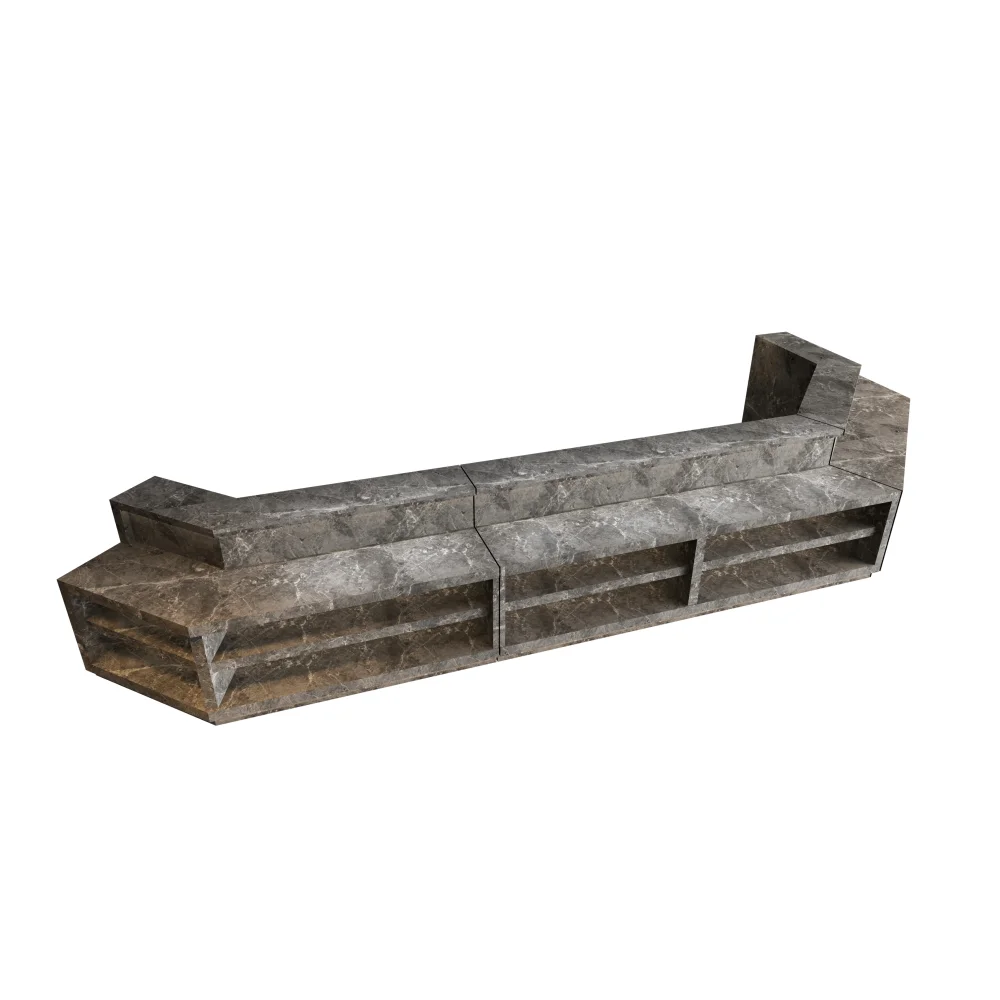 Marble-textured retail display counter with open shelving.