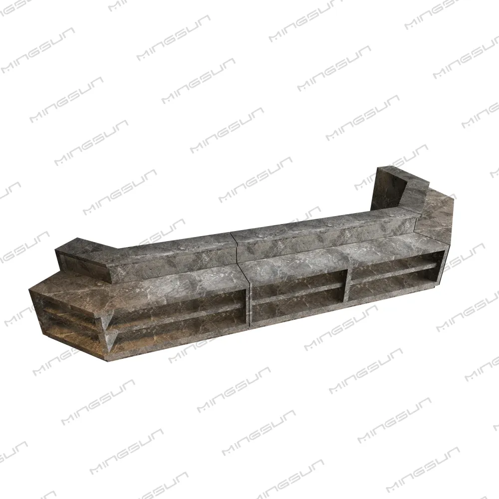 Marble-textured retail display counter with open shelving. - MINGSUN