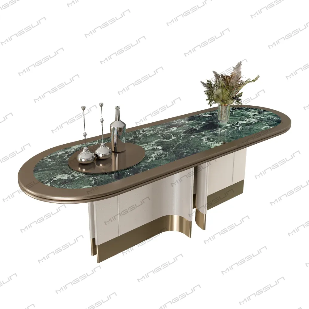 Oval dining table with green marble top, beige base, and decorative silver accents. - MINGSUN Oval dining table with green marble top, beige base, and decorative silver accents. - MINGSUN