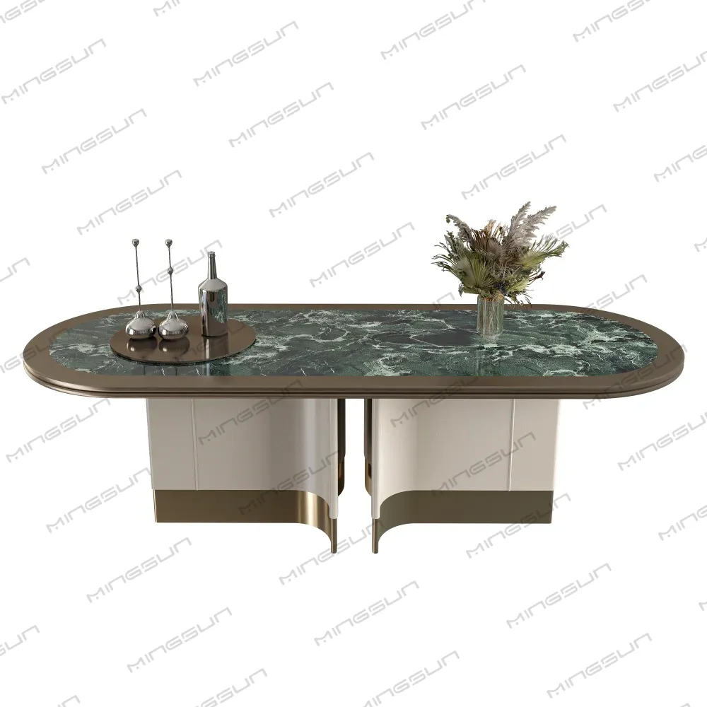 Oval dining table with green marble top, white and gold base, decorative objects. - MINGSUN Oval dining table with green marble top, white and gold base, decorative objects. - MINGSUN