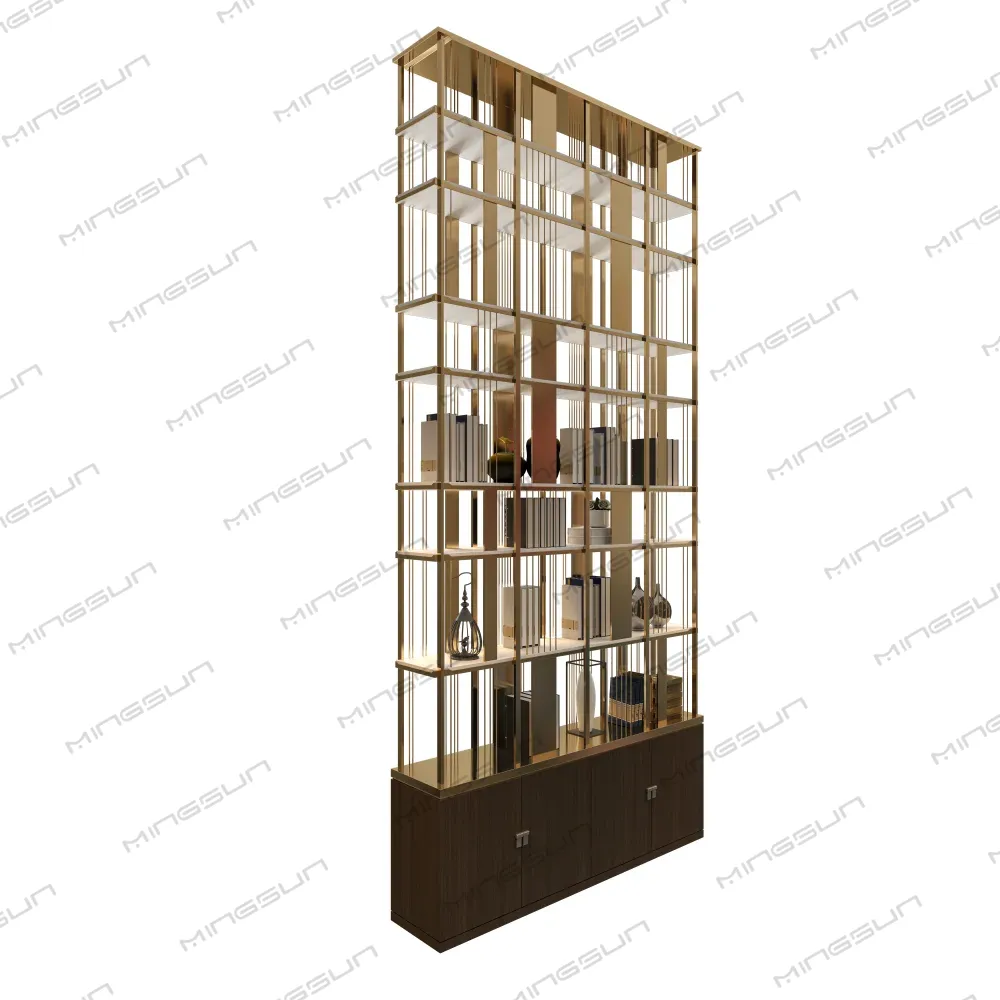 Tall modern shelving unit with gold frame and dark wood base. - MINGSUN Tall modern shelving unit with gold frame and dark wood base. - MINGSUN