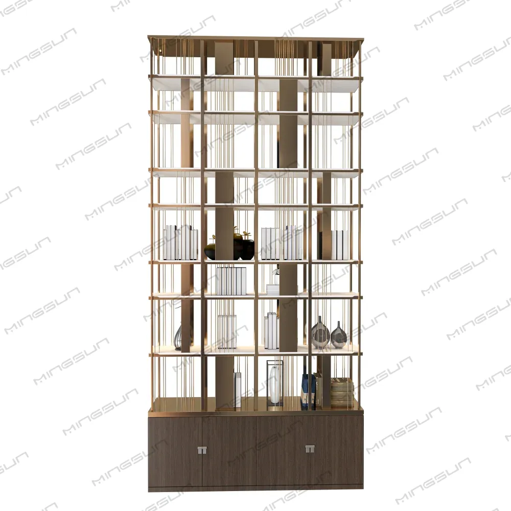 Tall bookshelf with gold frame, wooden shelves and base cabinet. - MINGSUN Tall bookshelf with gold frame, wooden shelves and base cabinet. - MINGSUN