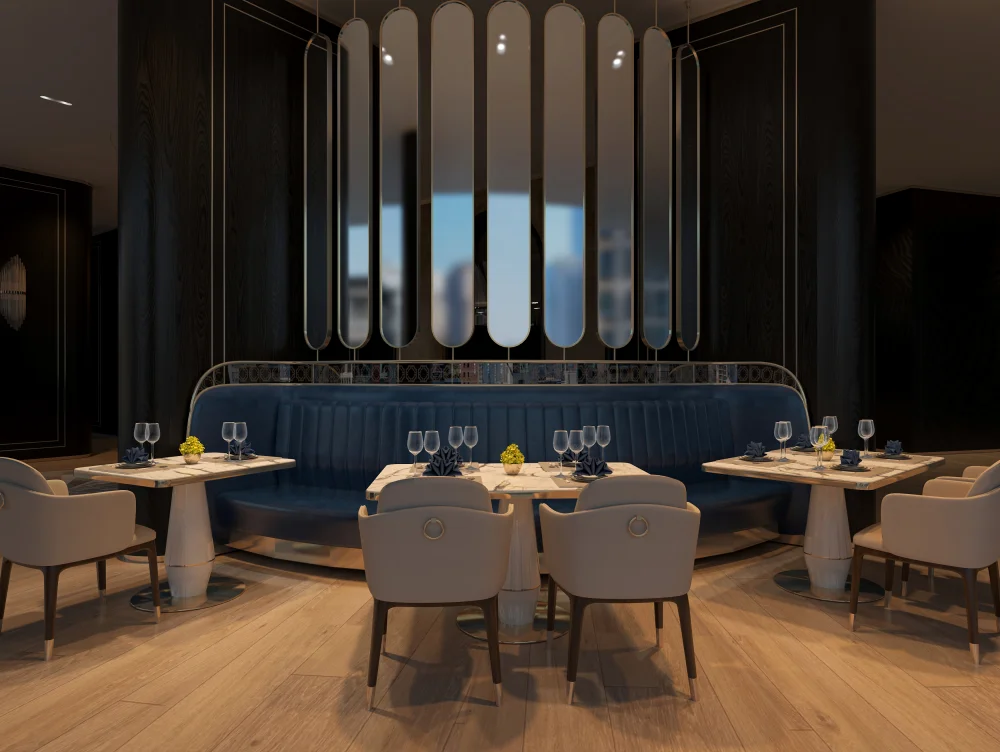 Elegant restaurant interior with plush blue banquette seating and marble-topped tables. - MINGSUN