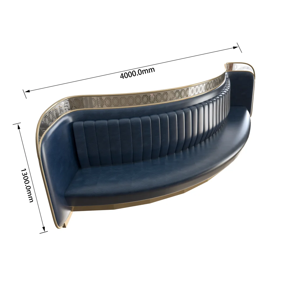 Image of a curved navy blue upholstered booth seating with dimensions.