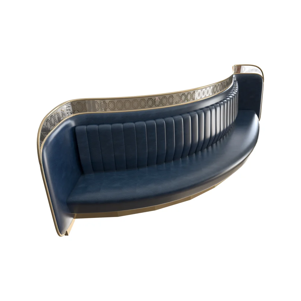 Curved navy blue leather banquette with patterned trim.