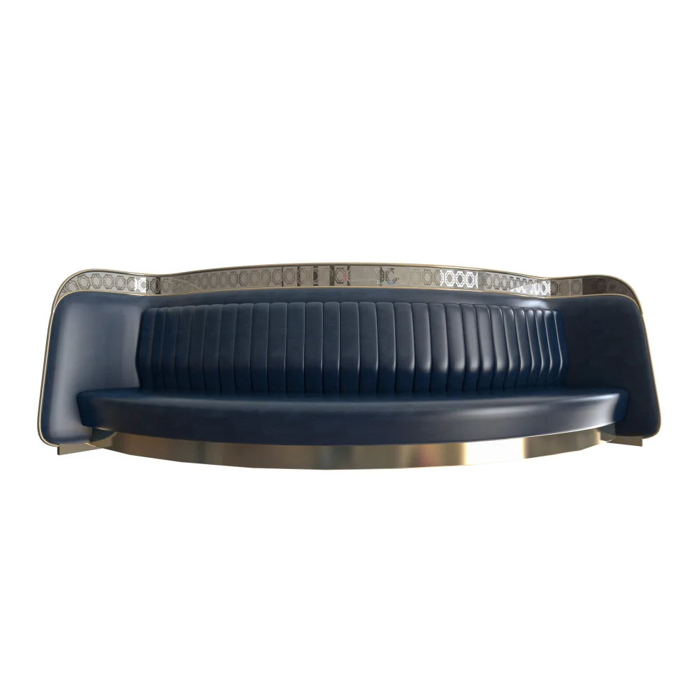 Curved blue banquette seating with tufted back and decorative gold trim.
