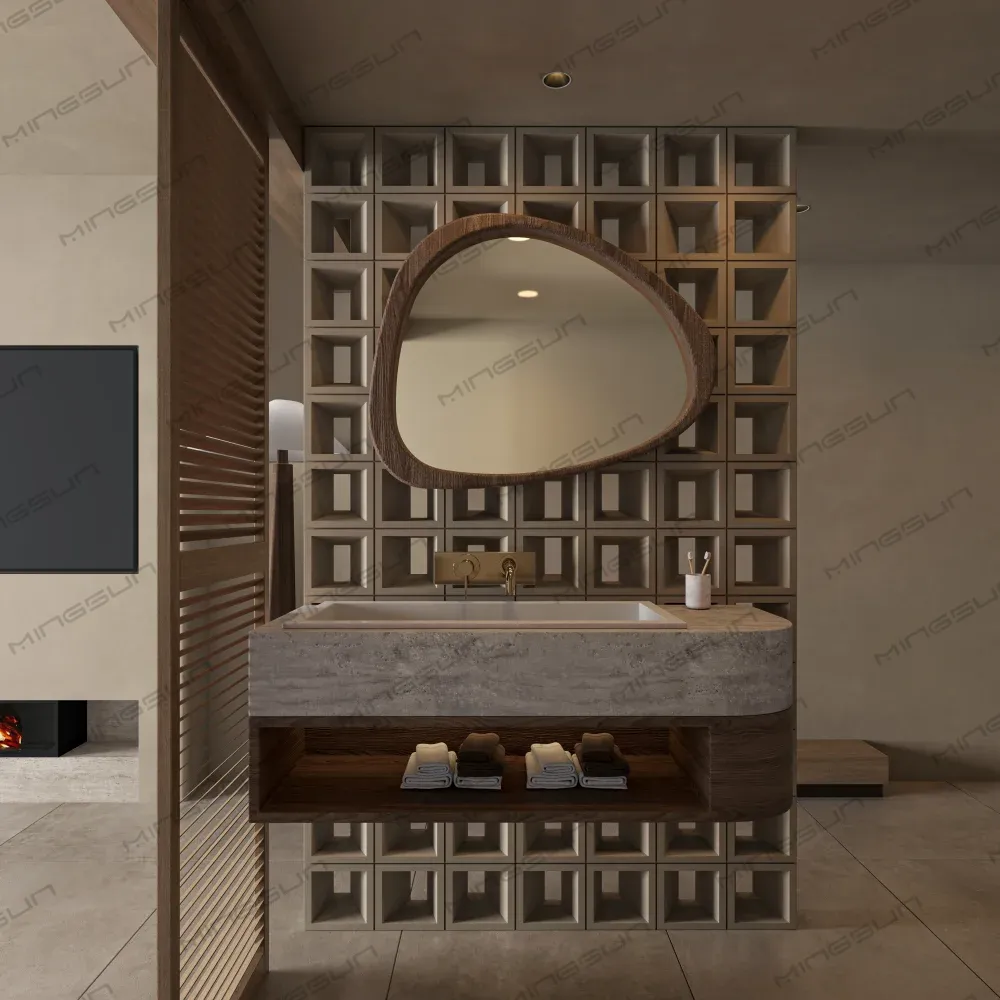 Modern-bathroom-vanity-with-a-unique,-organically-shaped-mirror-and-textured-block-wall. - MINGSUN Modern bathroom vanity with a unique, organically shaped mirror and textured block wall. - MINGSUN