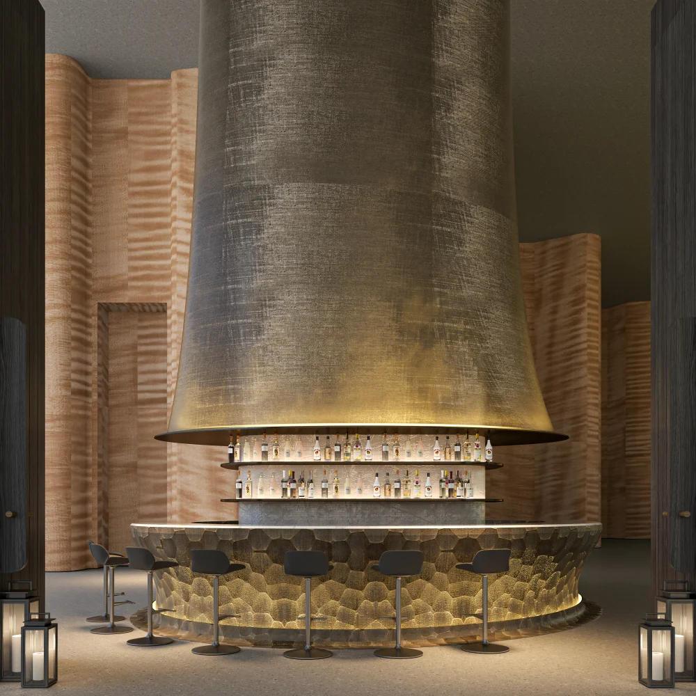 Elegant bar interior featuring a textured central structure, illuminated liquor shelves, and modern stools. - MINGSUN