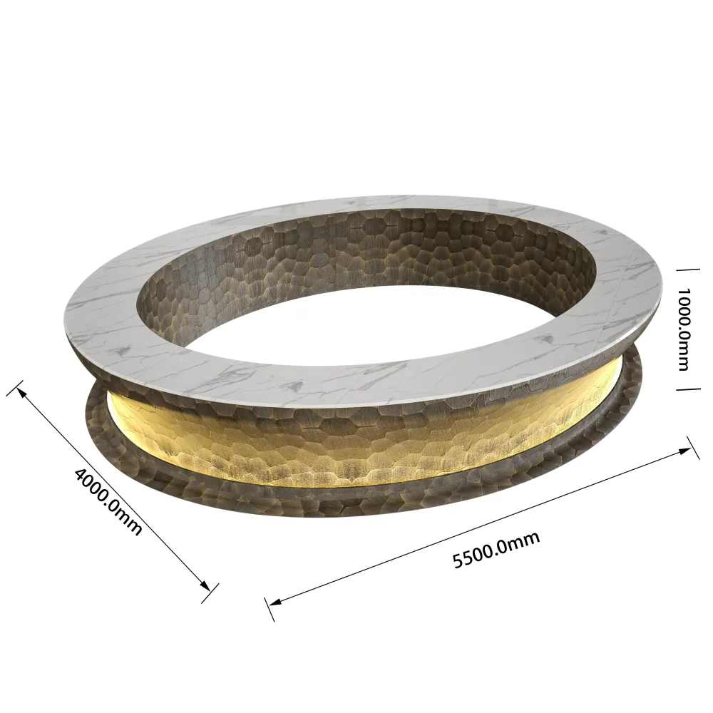 Dimensional drawing of a round reception desk with a textured metal body, marble countertop, and illuminated panel.