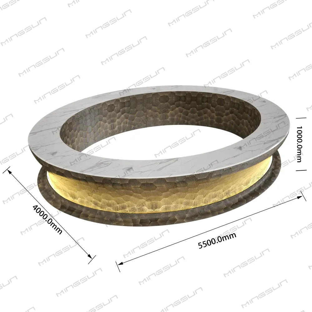 Dimensional drawing of a round reception desk with a textured metal body, marble countertop, and illuminated panel. - MINGSUN Dimensional drawing of a round reception desk with a textured metal body, marble countertop, and illuminated panel. - MINGSUN