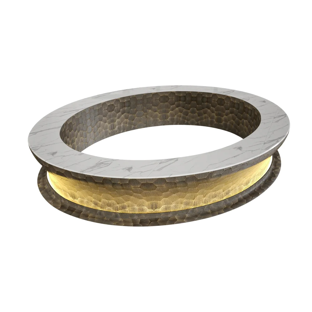 Oval coffee table with textured gray metal and marble top, illuminated band.