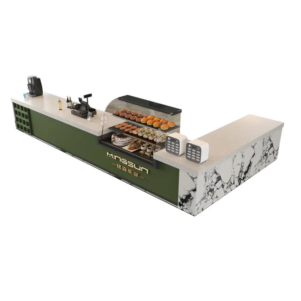 طاولة استقبال مصممة خصيصاً من الرخام والخشب مع واجهة عرض مدمجة للمعجنات، مناسبة لردهات الفنادق الفاخرة - مينغسون