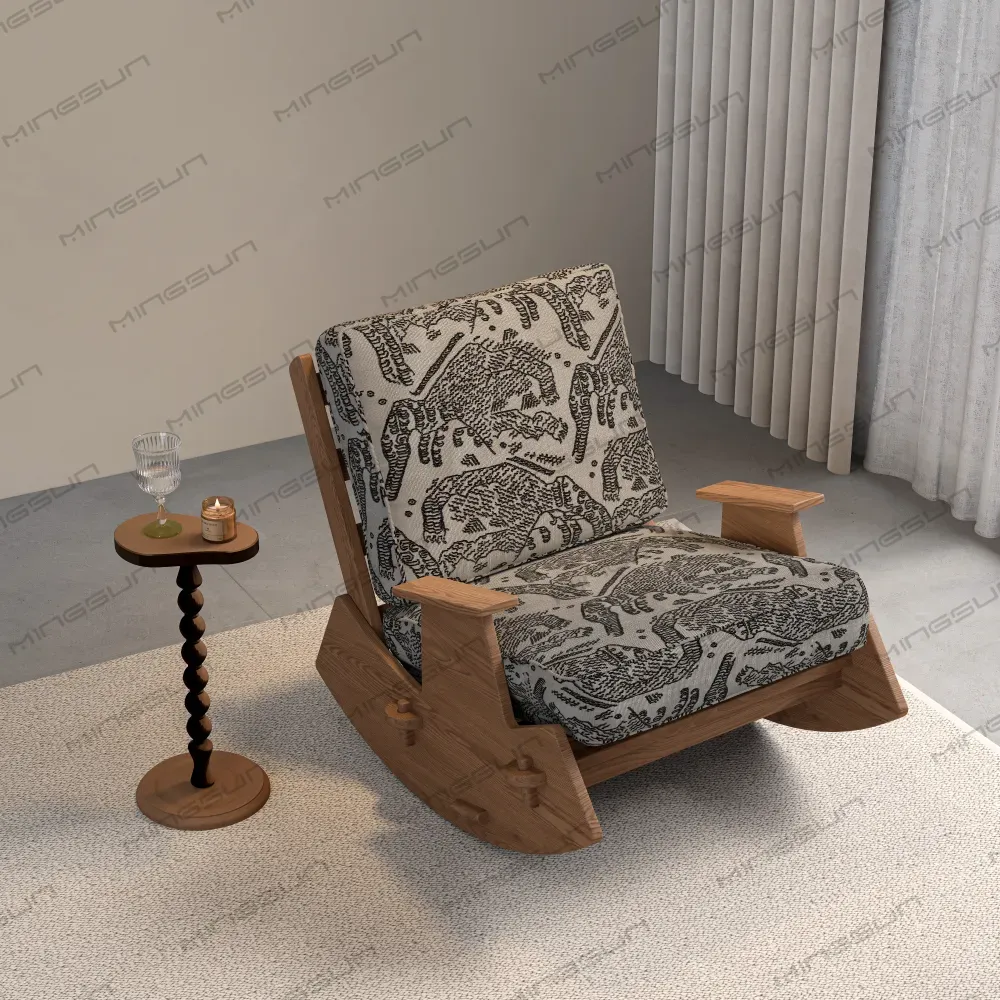 كرسي هزاز مريح لغرفة الضيوف، بتشطيب خشبي فاتح، مناسب لمنطقة الجلوس، مصنوع من قماش منقوش، كرسي استرخاء عالي المتانة - مينغسون كرسي هزاز مريح لغرفة الضيوف، بتشطيب خشبي فاتح، مناسب لمنطقة الجلوس، مصنوع من قماش منقوش، كرسي استرخاء عالي المتانة - مينغسون