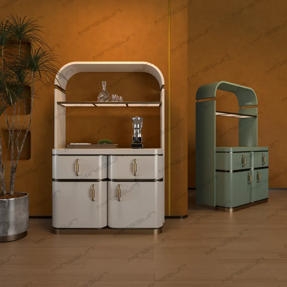 طاولة تقديم قهوة تجارية بألواح خشبية مخددة من خشب الجوز وسطح من الرخام في تصميم داخلي عصري لمقهى - مينغسون طاولة تقديم قهوة تجارية بألواح خشبية مخددة من خشب الجوز وسطح من الرخام في تصميم داخلي عصري لمقهى - مينغسون