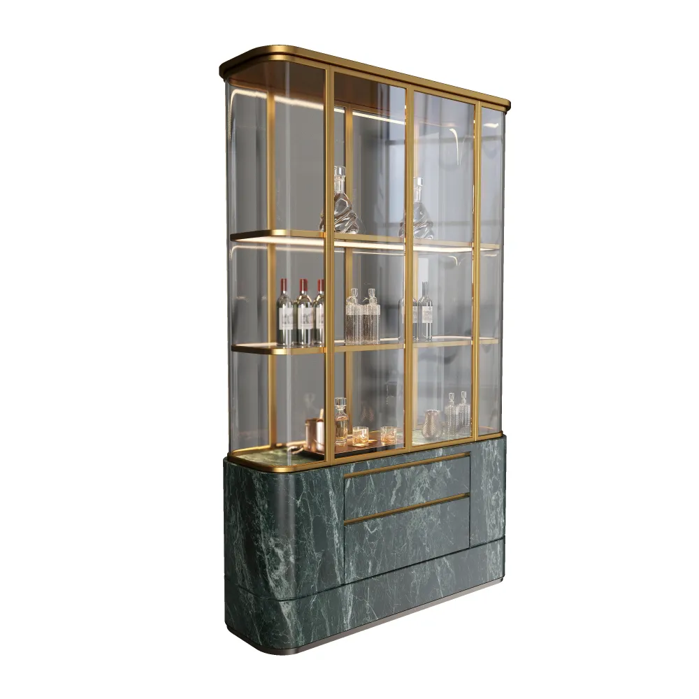 خزانة عرض عصرية لأكواب النبيذ التجارية، مصنوعة من الفولاذ المقاوم للصدأ بلمسة نهائية ذهبية، مناسبة للمطاعم والنوادي - مينغسون