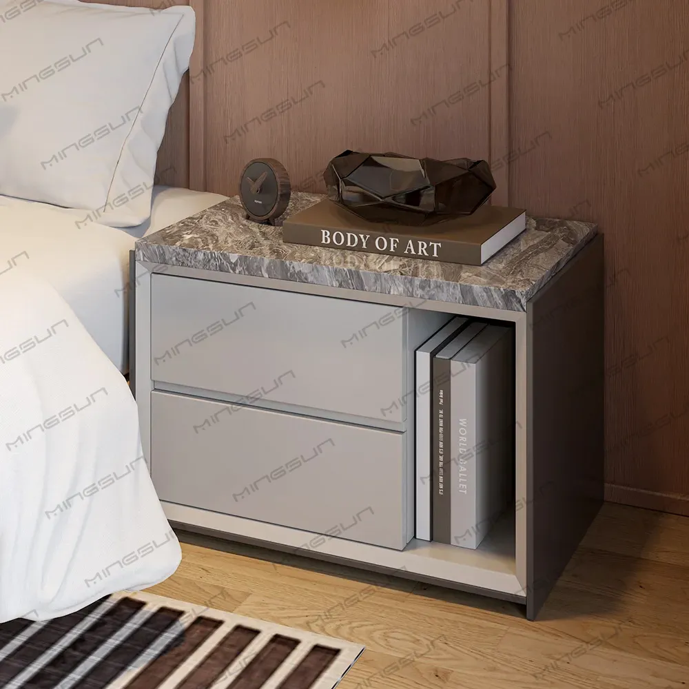 contemporary-hotel-nightstand-placed-beside-bed-with-decor-items-and-wooden-wall - MINGSUN contemporary-hotel-nightstand-placed-beside-bed-with-decor-items-and-wooden-wall - MINGSUN