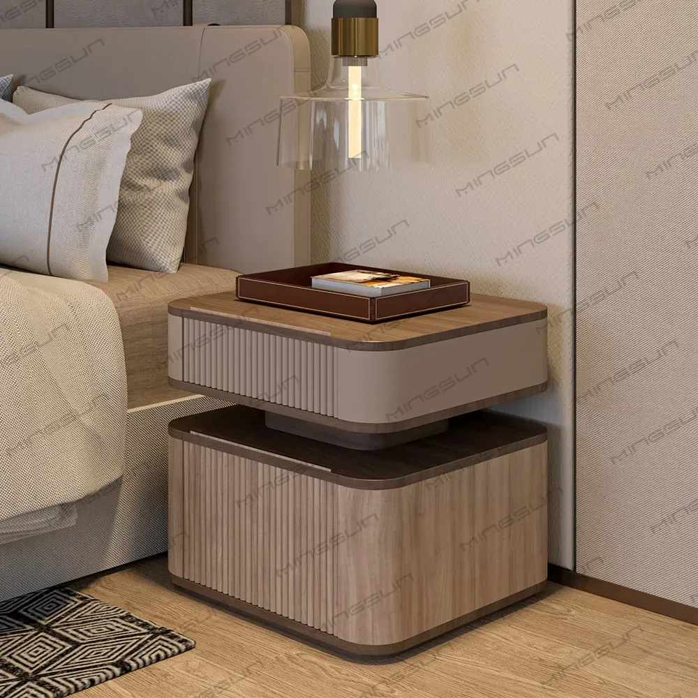 contemporary-hotel-nightstand-placed-beside-bed-with-pendant-light-and-decor-items - MINGSUN