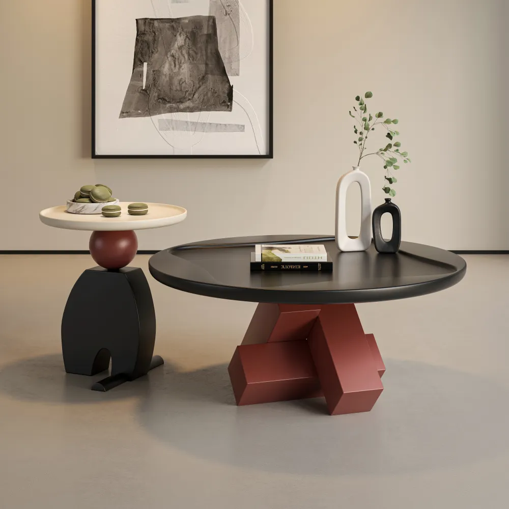 contemporary-hotel-suite-coffee-table-unique-sculptural-design-nesting-round-top-matte-black-terracotta-base-high-quality-material - MINGSUN