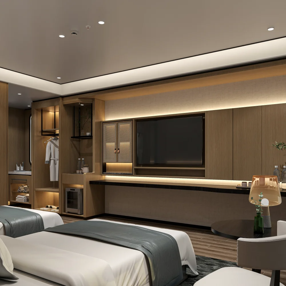 contemporary-hotel-suite-tv-wall-unit-with-seating-area-open-shelving-and-warm-ceiling-lights