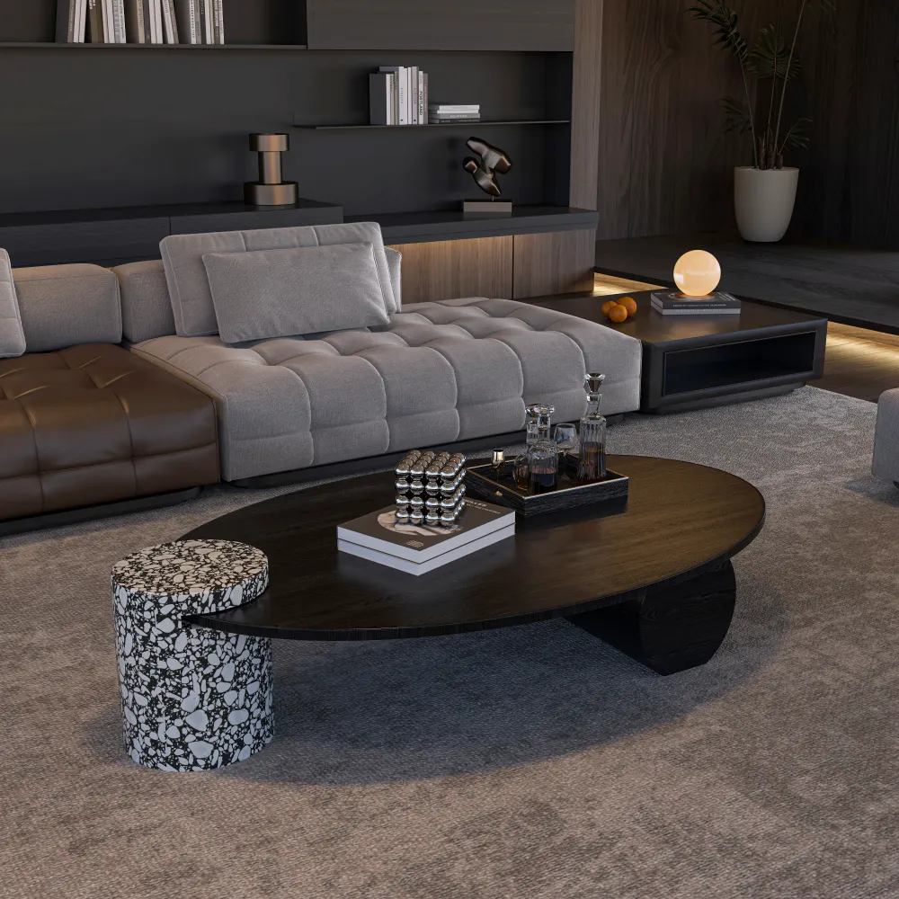 contemporary-living-room-with-black-oval-coffee-table