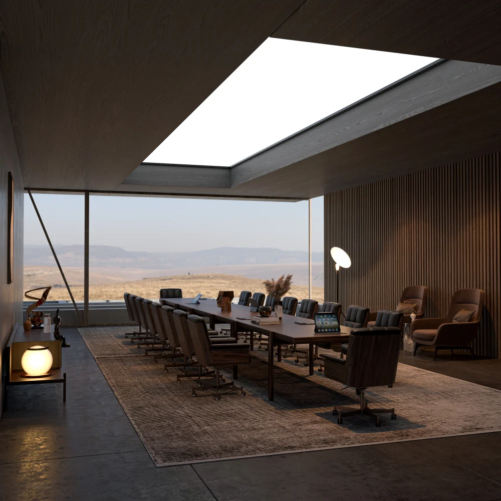 contemporary-meeting-room-with-dark-wood-table-leather-chairs-and-natural-light-from-skylight
