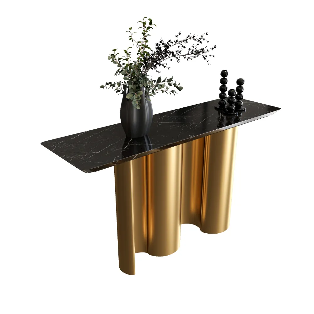 custom hospitality furniture black gold console desk with unique curved stainless steel base - MINGSUN
