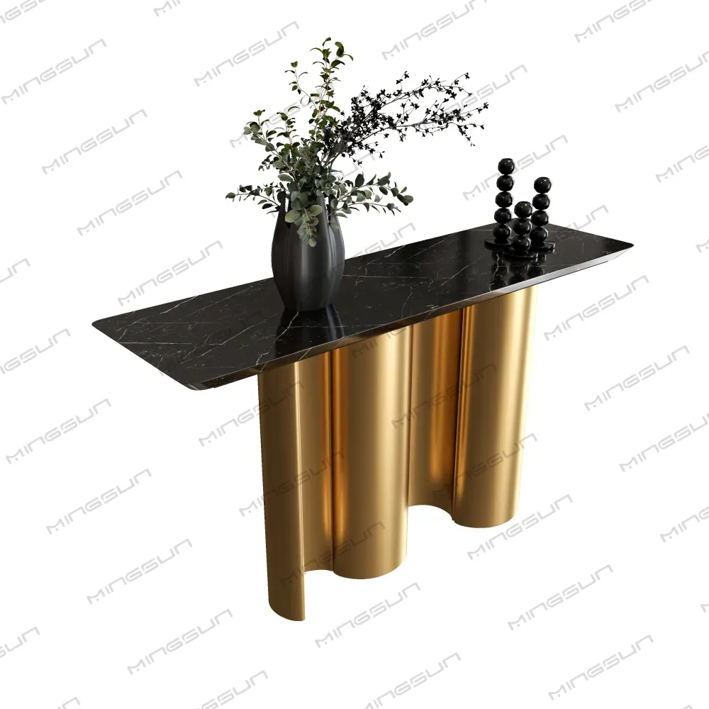 custom hospitality furniture black gold console desk with unique curved stainless steel base - MINGSUN custom hospitality furniture black gold console desk with unique curved stainless steel base - MINGSUN