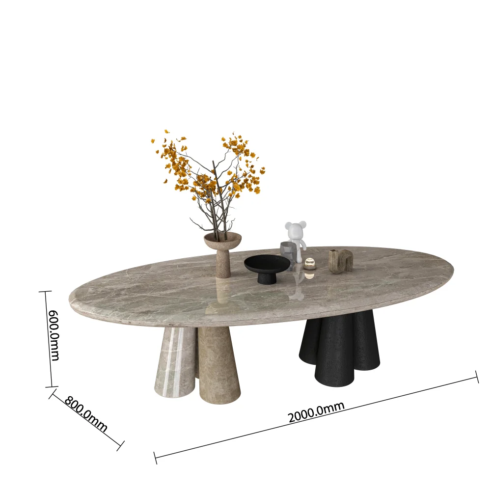 custom-oval-dining-table-dimensions-2000x800x600mm-grey-marble-top-concrete-and-black-legs - MINGSUN