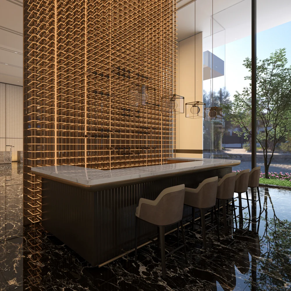 elegant-bar-counter-with-gold-wine-rack-marble-top-and-large-windows-for-luxury-hotel-interiors - MINGSUN