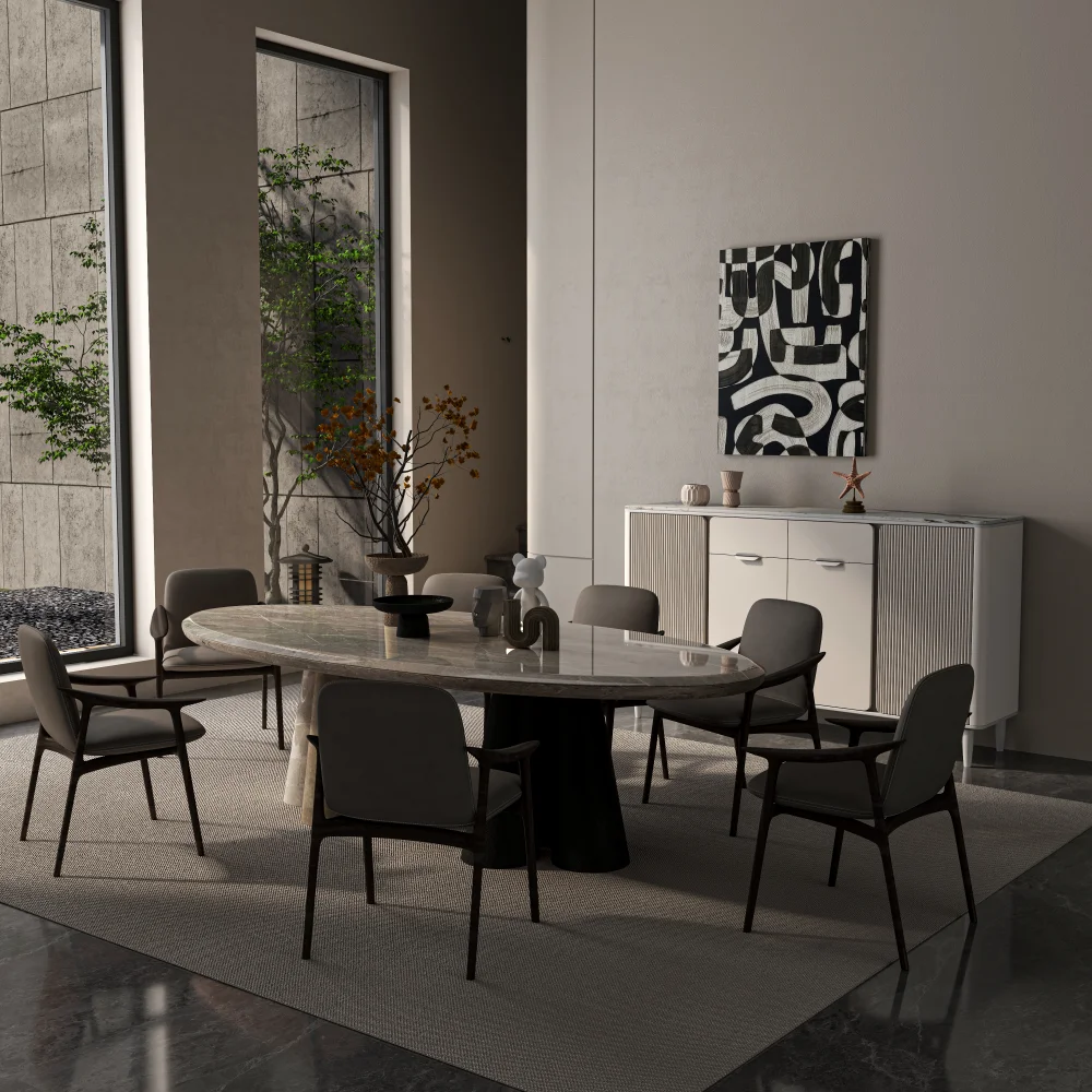 elegant-dining-area-with-modern-oval-table-art-decor-large-window-and-minimalist-sideboard - MINGSUN