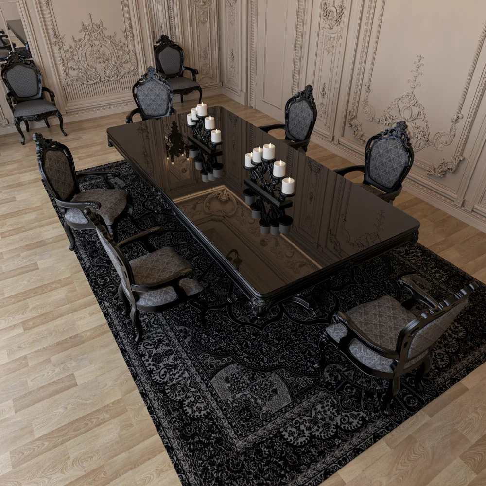 elegant-formal-dining-area-with-large-black-table-patterned-rug-and-matching-armchairs - MINGSUN
