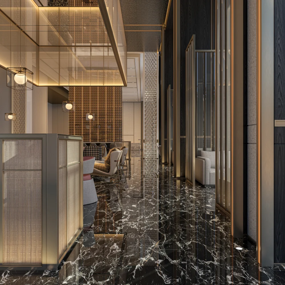 elegant-hotel-corridor-with-black-marble-floor-gold-trimmed-partitions-and-ambient-lighting - MINGSUN