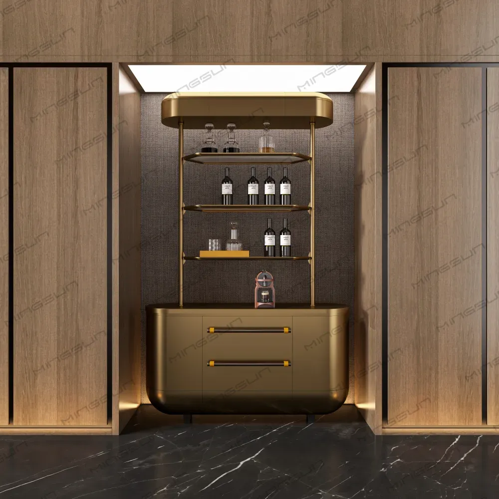 elegant hotel lobby amenity station with atmospheric lighting and gold plated frame for 5 star projects - MINGSUN