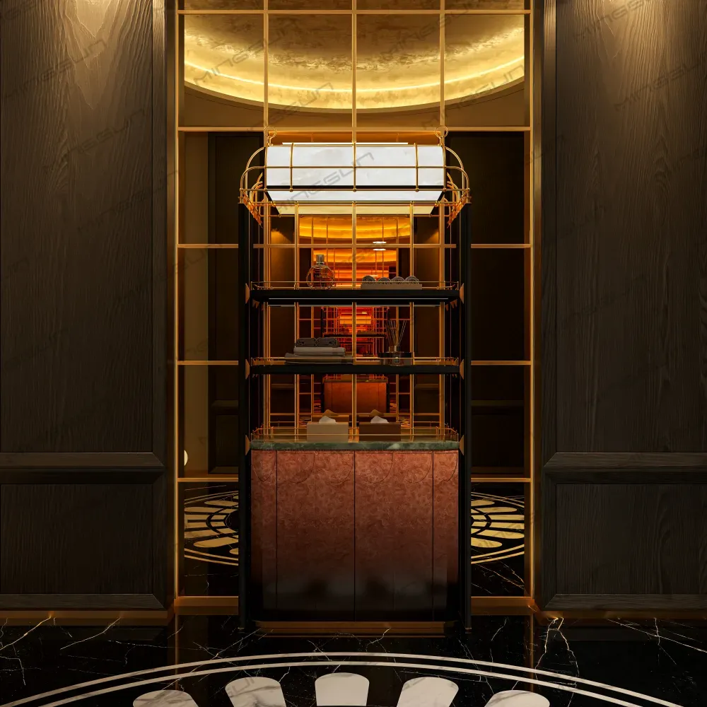 elegant hotel lobby amenity station with atmospheric lighting and gold plated frame for 5 star projects - MINGSUN