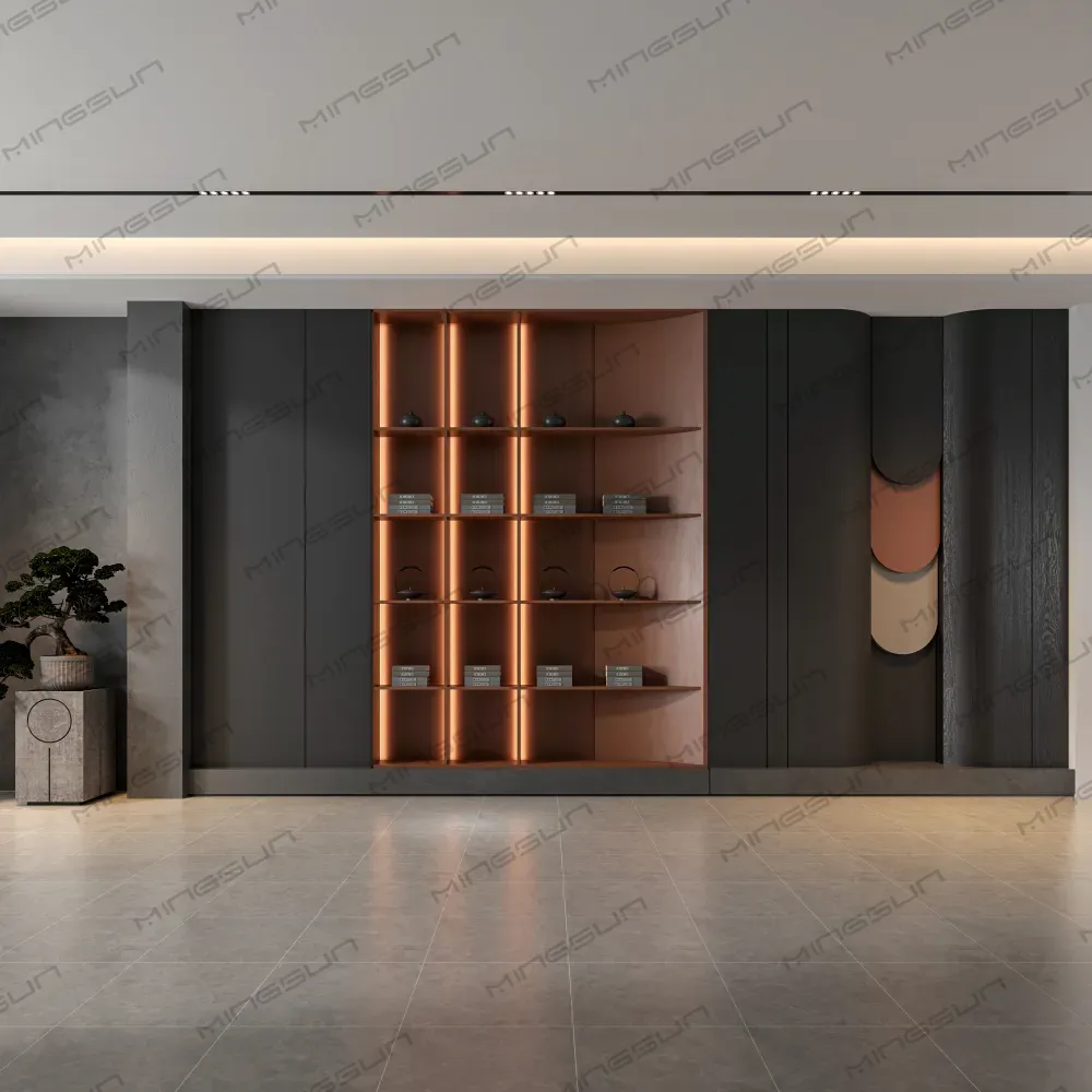 elegant-hotel-lobby-decor-wall-with-illuminated-niche-and-artistic-panels - MINGSUN