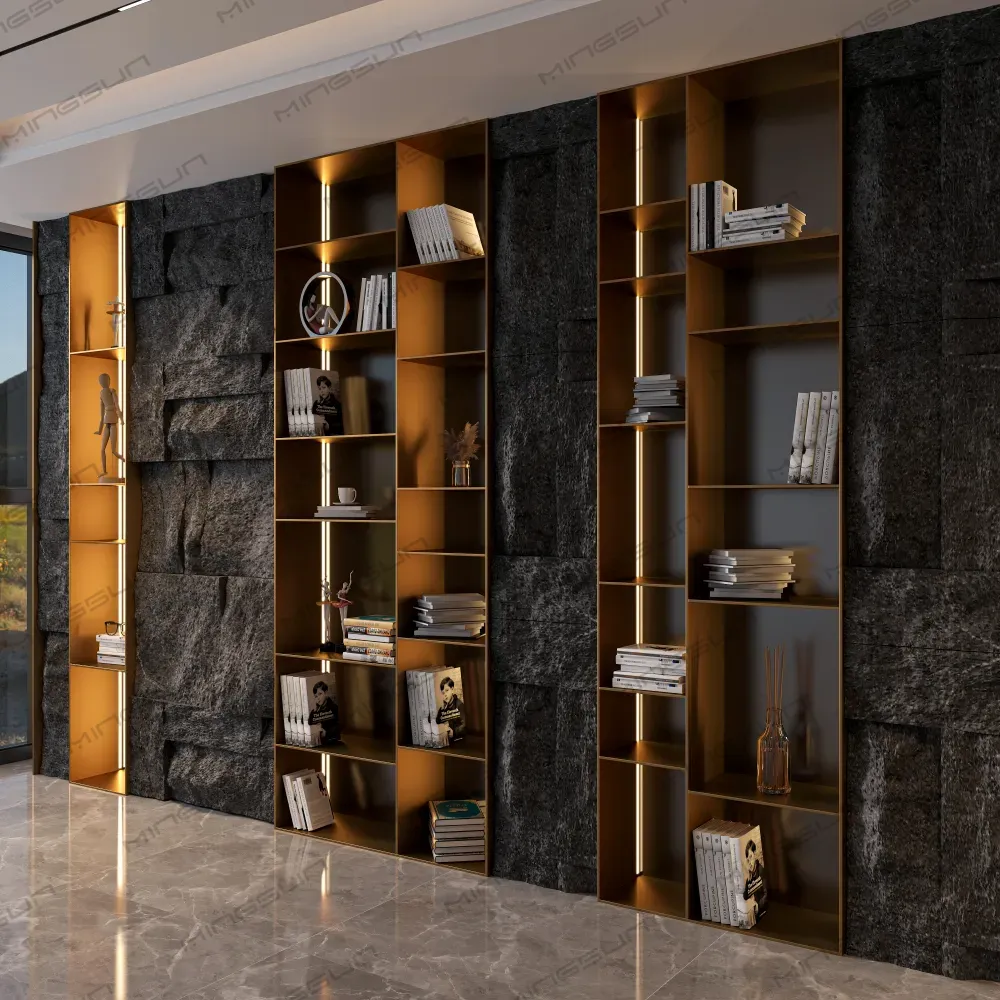 elegant-hotel-lobby-with-built-in-gold-shelving-unit-against-stone-wall-for-premium-aesthetic - MINGSUN elegant-hotel-lobby-with-built-in-gold-shelving-unit-against-stone-wall-for-premium-aesthetic - MINGSUN