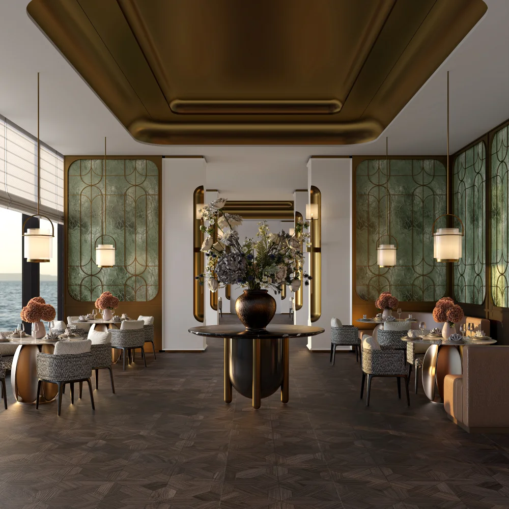 elegant-hotel-restaurant-with-gold-framed-green-textured-glass-partitions-and-matching-ceiling-design