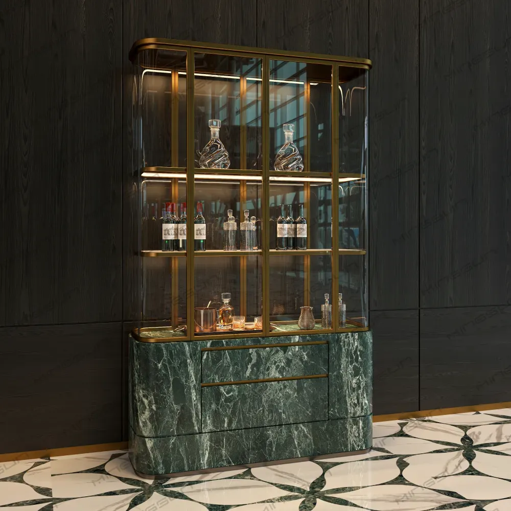 خزانة عرض مشروبات أنيقة مزودة بوحدات تخزين من الرخام الزمردي وأرفف من الزجاج المقوى، مناسبة لبار فندق بوتيكي - مينغسون خزانة عرض مشروبات أنيقة مزودة بوحدات تخزين من الرخام الزمردي وأرفف من الزجاج المقوى، مناسبة لبار فندق بوتيكي - مينغسون