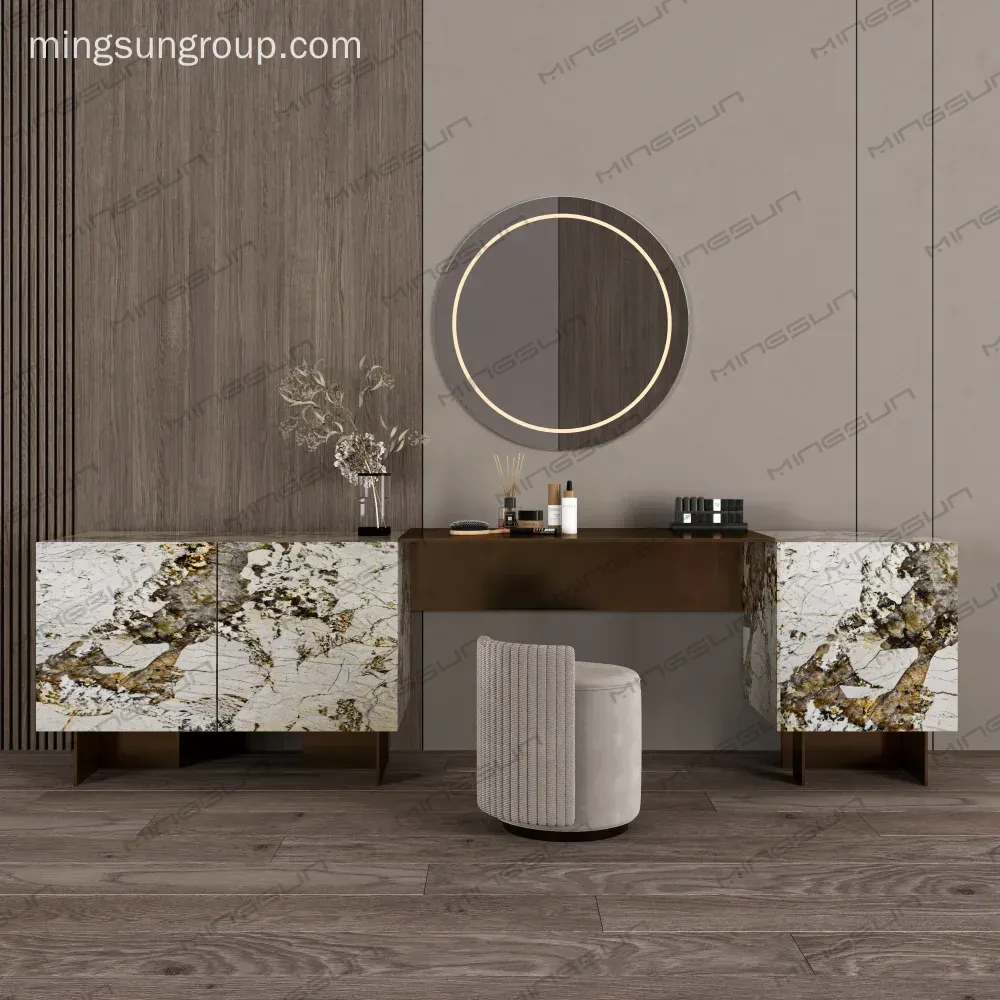elegant-luxury-bedroom-interior-with-marble-dressing-unit-round-mirror-and-textured-rug - MINGSUN