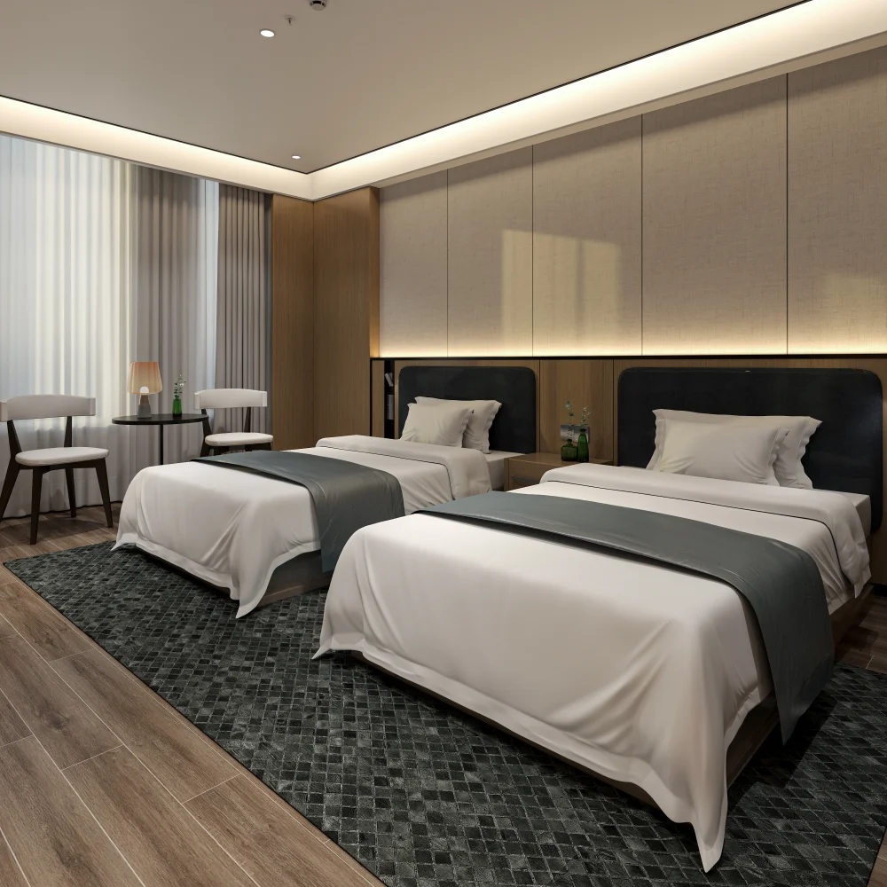 elegant-twin-bed-suite-with-textured-headboard-large-rug-and-city-view-through-curtained-windows
