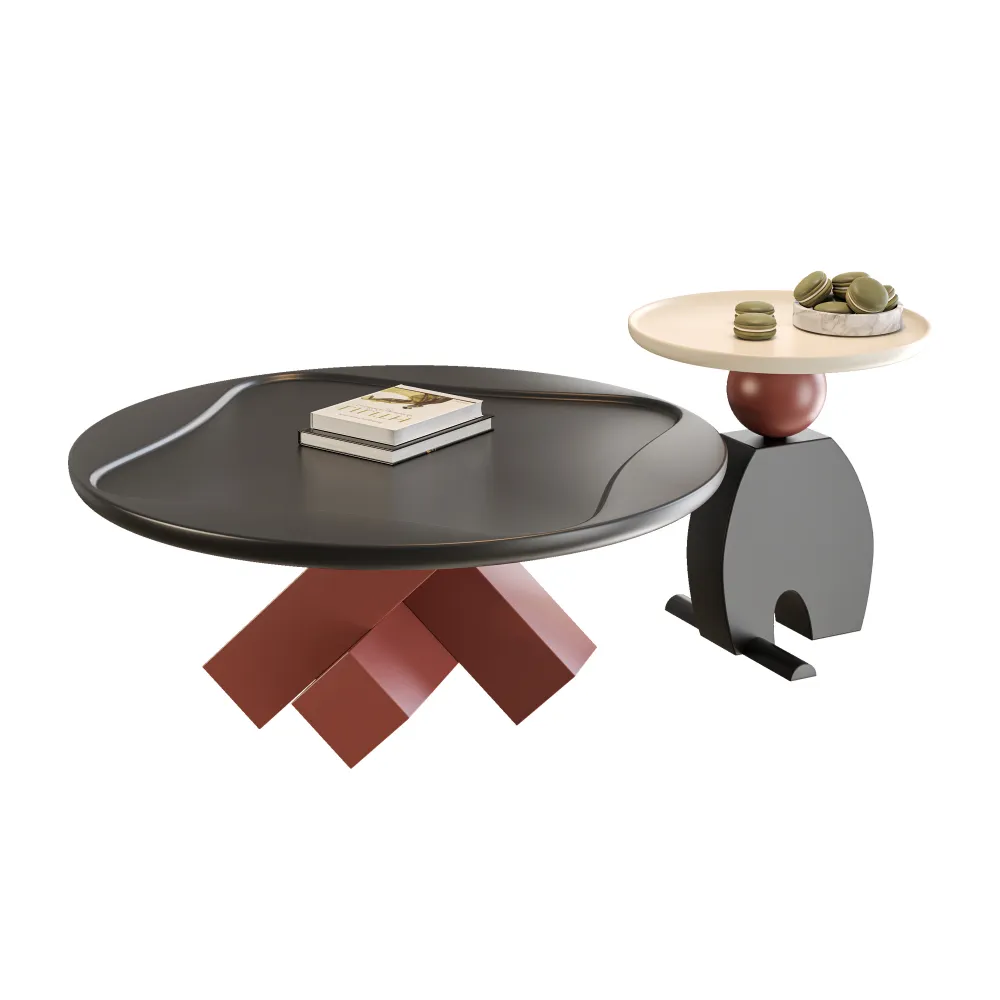 exclusive-clubhouse-coffee-table-art-deco-abstract-shape-two-level-design-black-white-red-color-combination-seamless-product-shot - MINGSUN