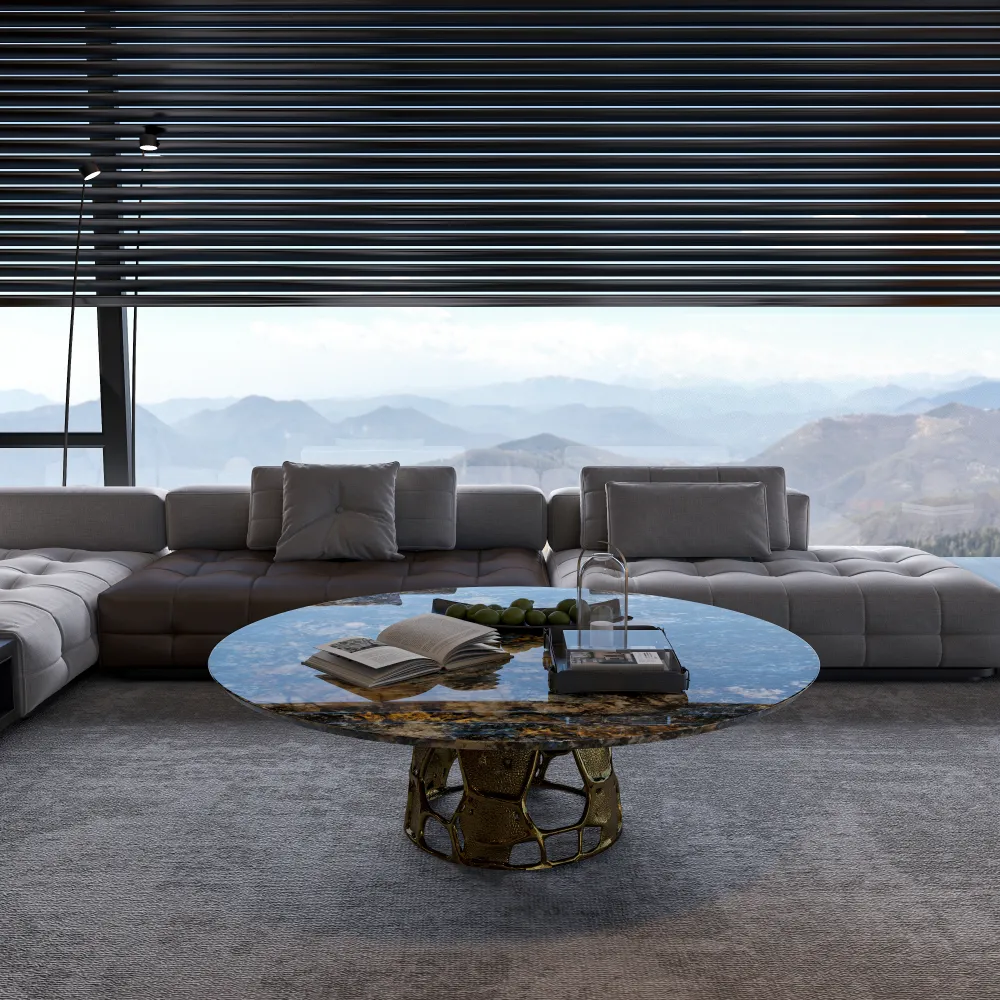 exclusive-clubhouse-lounge-center-table-mountain-view-setting-high-gloss-stone-top-abstract-gold-base-interior-design-project - MINGSUN