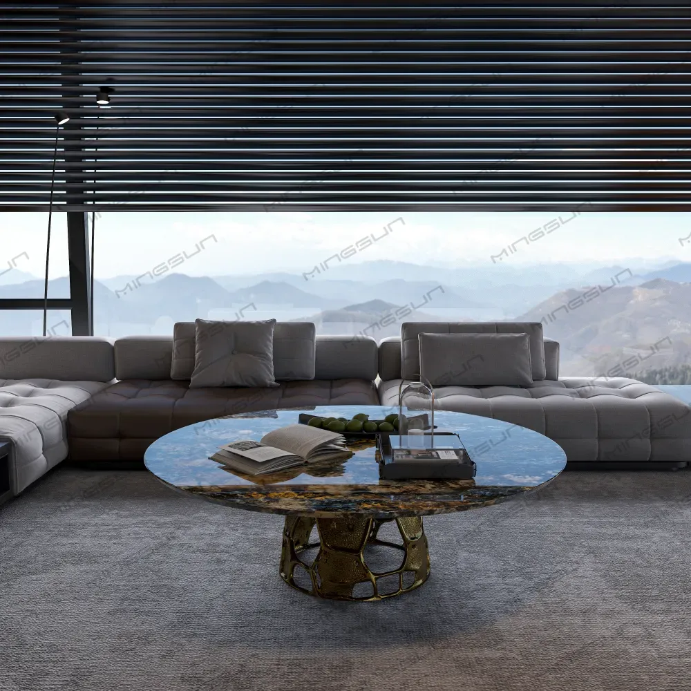 exclusive-clubhouse-lounge-center-table-mountain-view-setting-high-gloss-stone-top-abstract-gold-base-interior-design-project - MINGSUN exclusive-clubhouse-lounge-center-table-mountain-view-setting-high-gloss-stone-top-abstract-gold-base-interior-design-project - MINGSUN