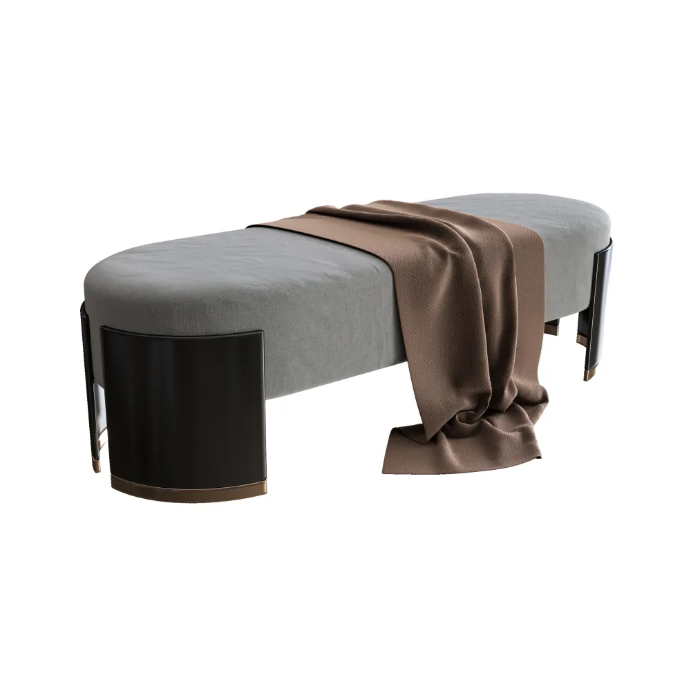 executive-suite-bed-end-bench-modern-curved-design-glossy-dark-wood-base-gray-fabric-velvet-commercial-grade-seating-stylish-decor - MINGSUN
