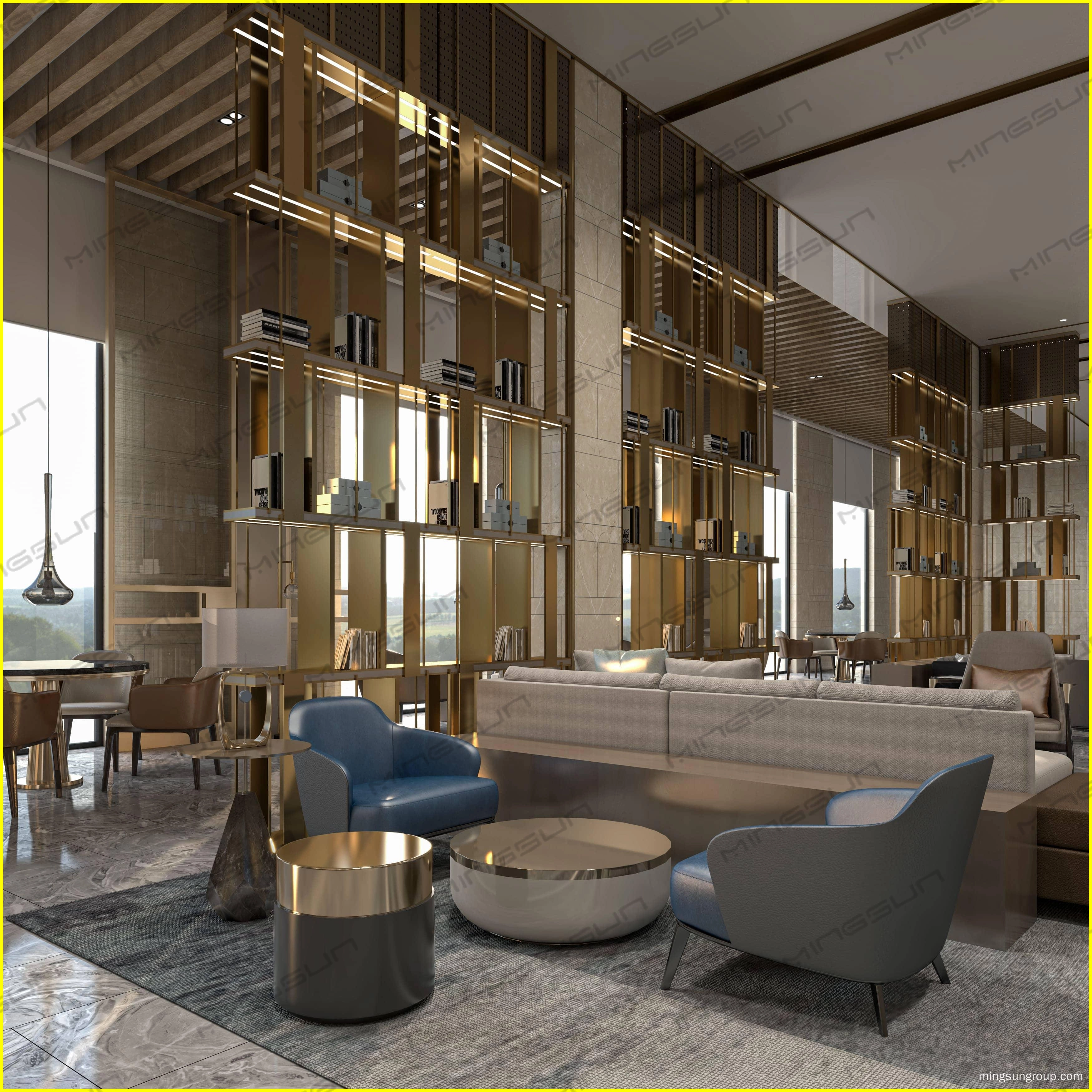 Modern hotel lobby lounge with bookshelves, tables, and chairs. - MINGSUN