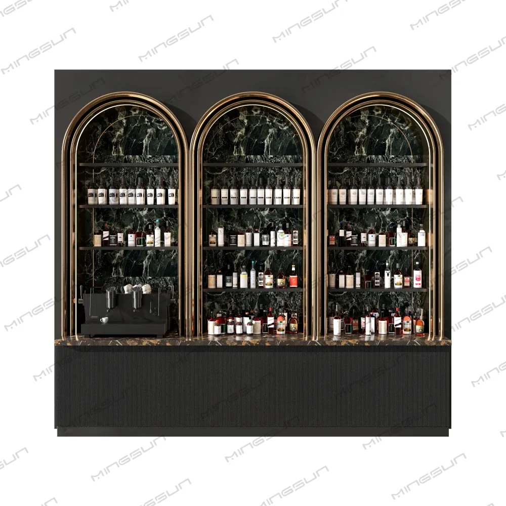 front-view-high-end-bar-unit-with-arched-glass-shelves-green-marble-countertop-and-textured-base - MINGSUN front-view-high-end-bar-unit-with-arched-glass-shelves-green-marble-countertop-and-textured-base - MINGSUN