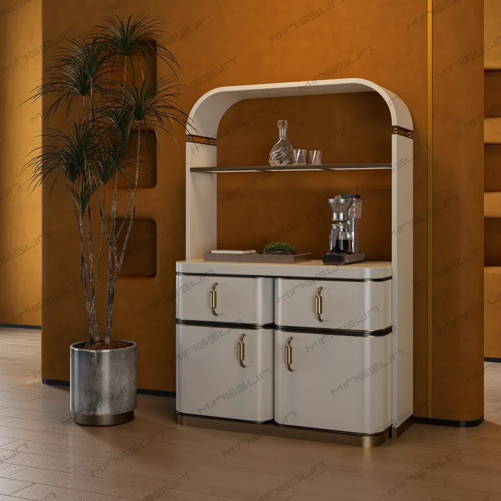 منظر أمامي لبار ضيافة مصمم خصيصًا مع عرض مدمج للمعجنات ومعدات قهوة احترافية - مينغسون منظر أمامي لبار ضيافة مصمم خصيصًا مع عرض مدمج للمعجنات ومعدات قهوة احترافية - مينغسون