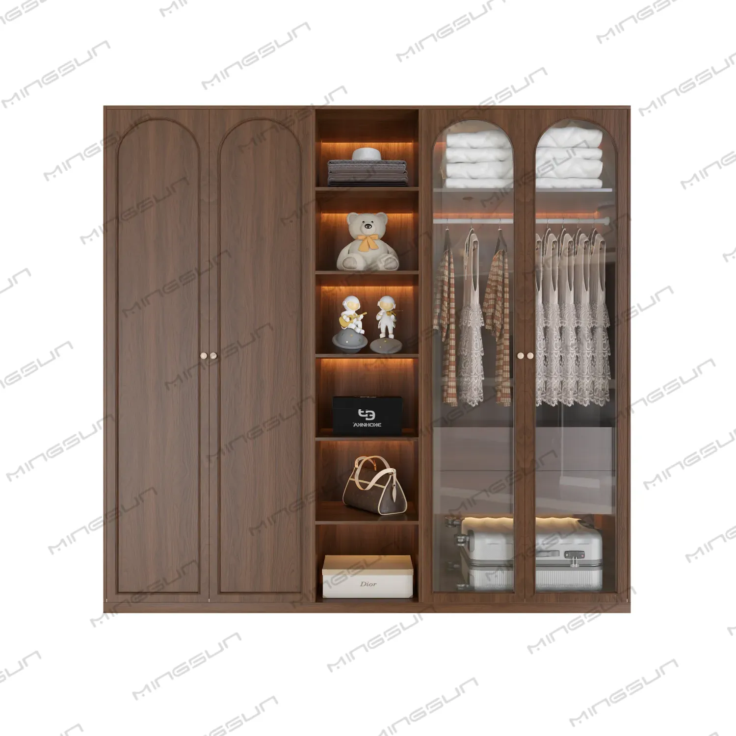 front-view-of-modern-hotel-wardrobe-with-led-lit-shelves-and-storage - MINGSUN