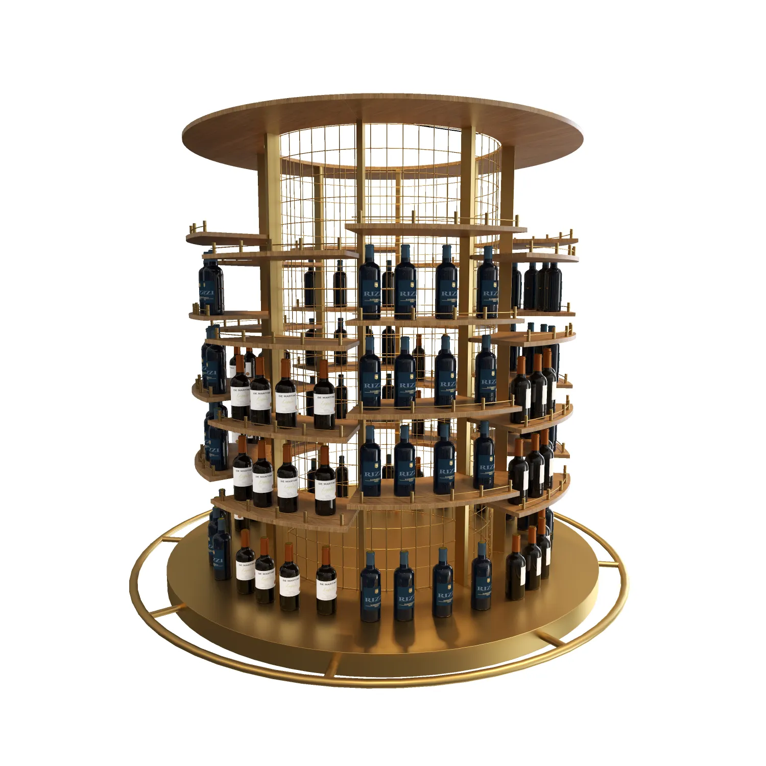 gold-metal-and-wood-wine-rack-with-multi-tiered-circular-design