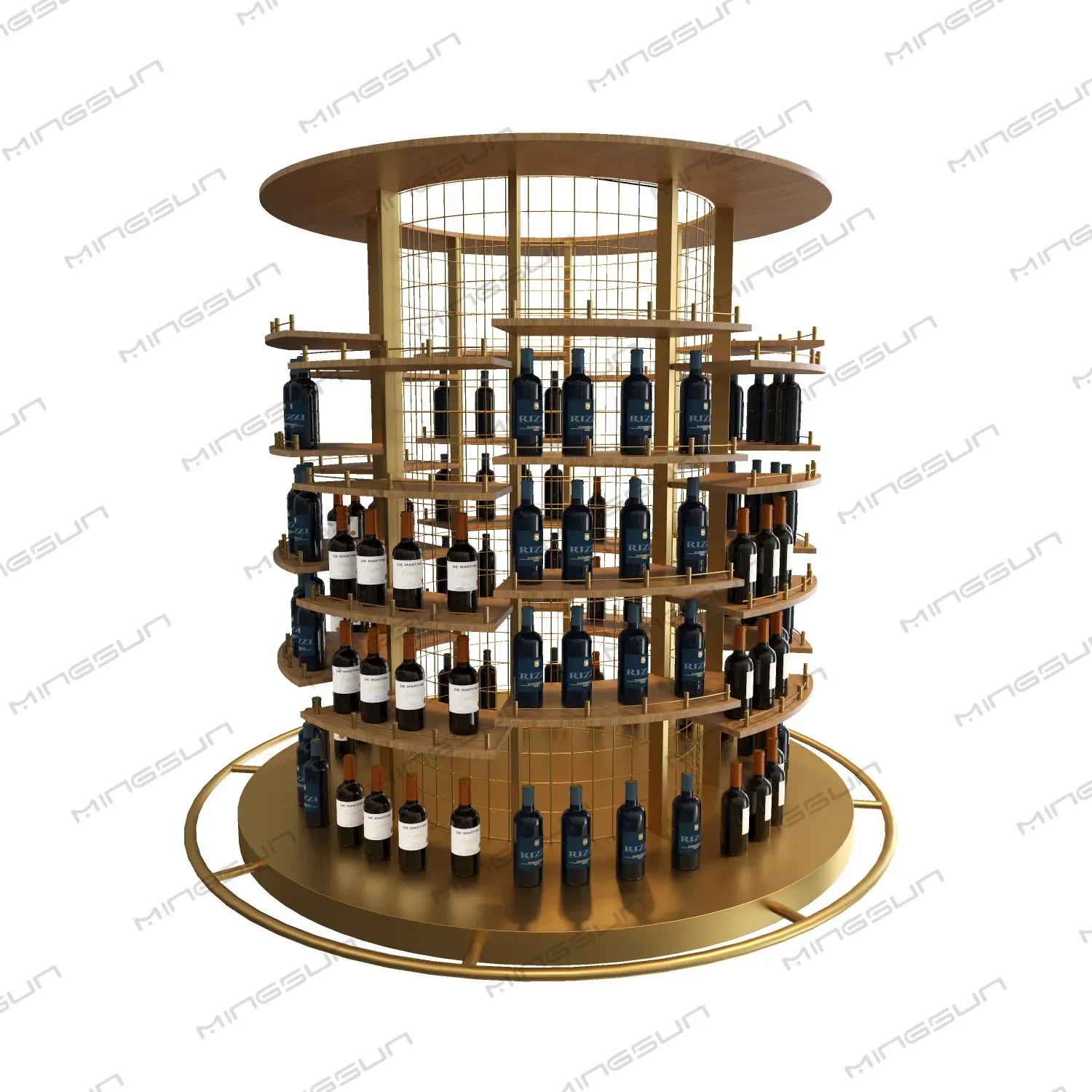 gold-metal-and-wood-wine-rack-with-multi-tiered-circular-design - MINGSUN